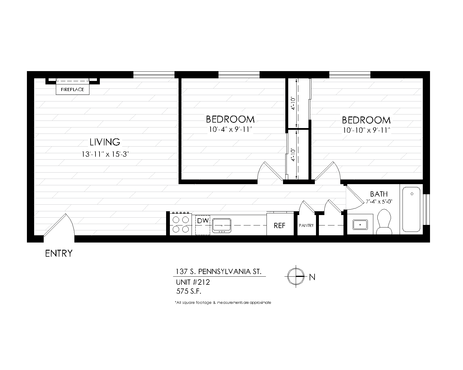 Floor plan for 2 beds, 1 bath, 595 sqft